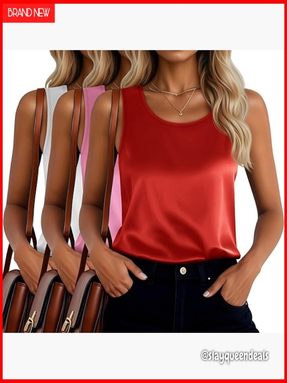 Satin Tank Tops 3-Pack Scoop Neck Sleeveless Camisole Blouse